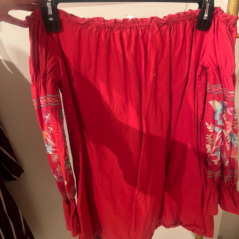 Free People Off shoulder Embroidered Dress Tunic Top Red Floral Size: Small - Picture 7 of 7